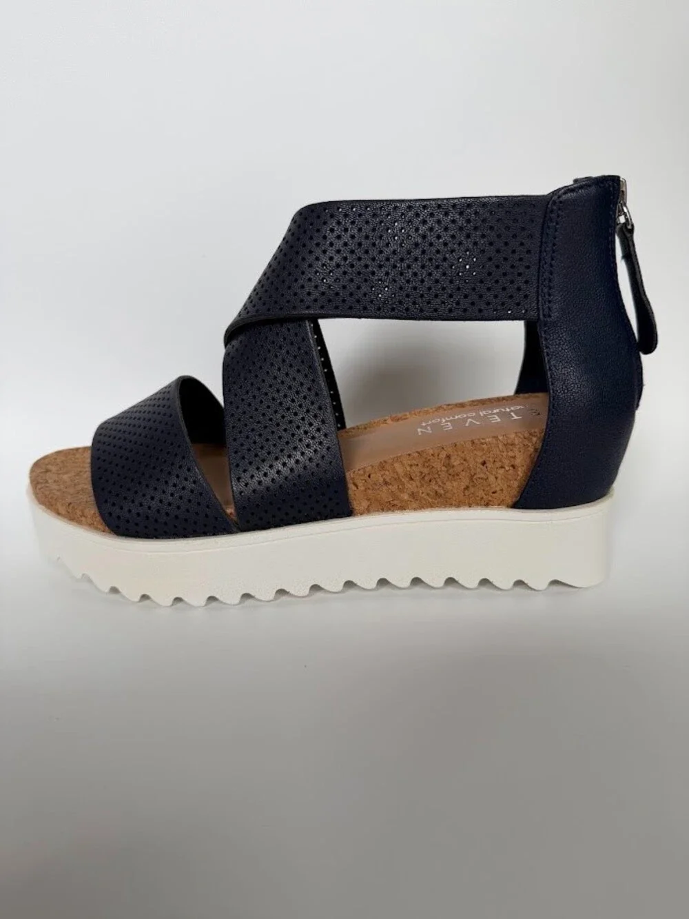 Steven Natural Comfort Kea Navy Leather Platform Wedge Sandals NC-KEA Size 6
